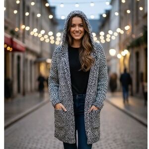 Cynthia Rowley Cardigan Sweater Womens Size S Hooded‎ Knit Black White Speckled